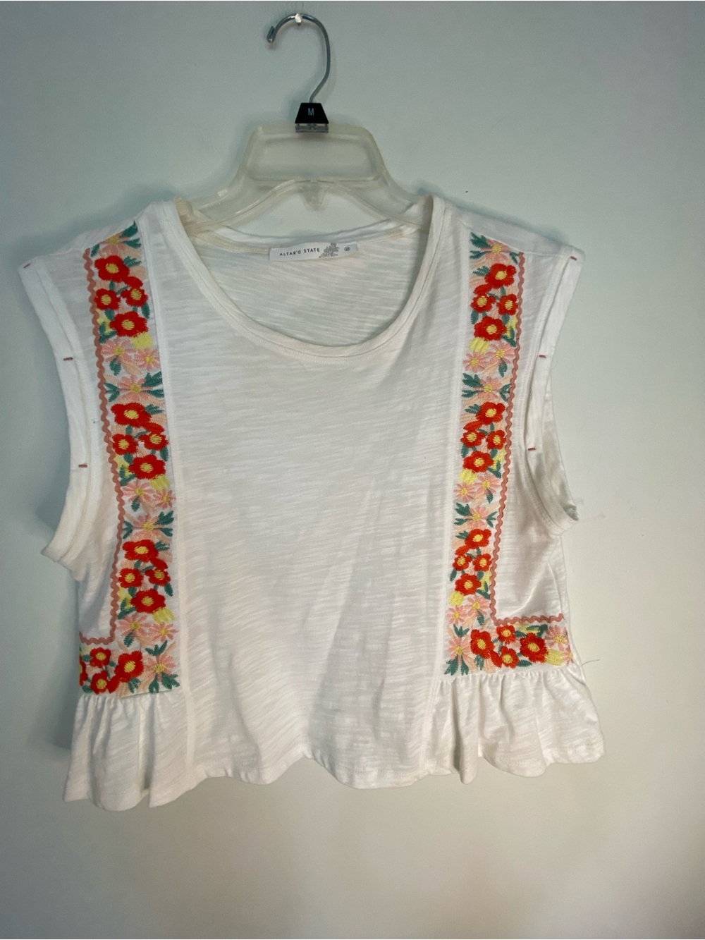 Altar'd State White Tank with Red & Pink Floral Embroidery